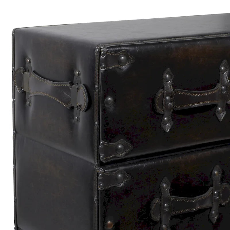 Coffre de rangement vintage en similicuir avec rivets et sangles - Noir
