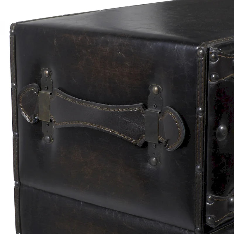 Coffre de rangement vintage en similicuir avec rivets et sangles - Noir