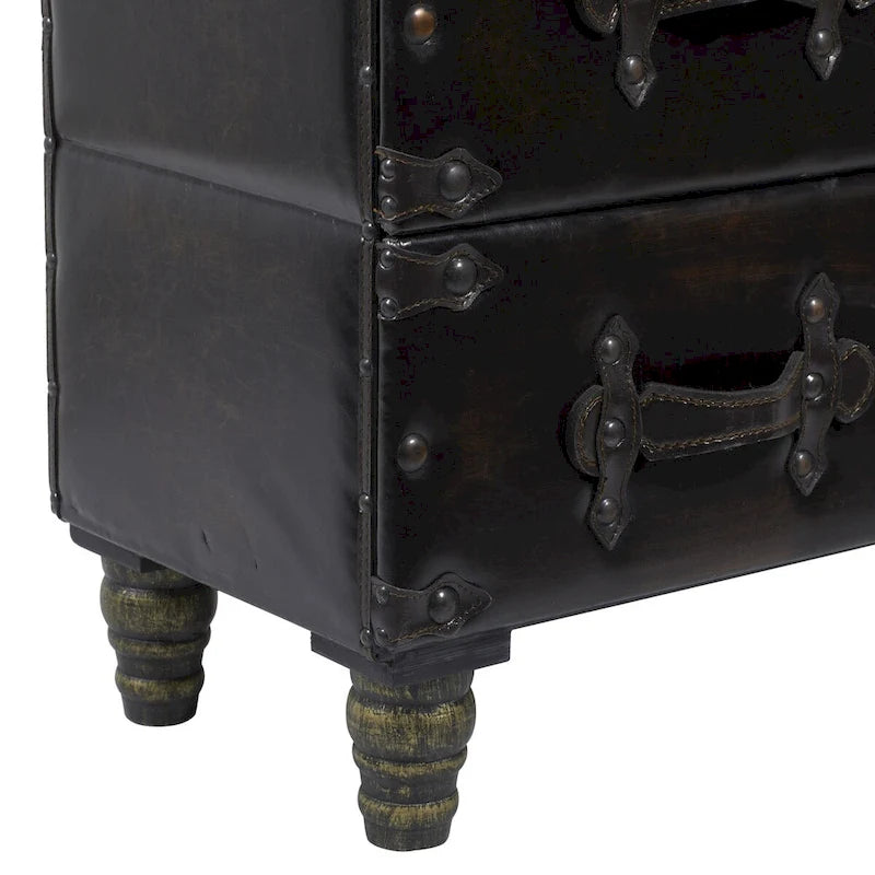 Coffre de rangement vintage en similicuir avec rivets et sangles - Noir