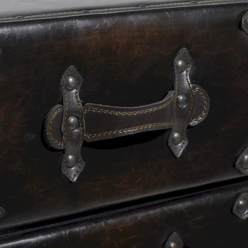 Coffre de rangement vintage en similicuir avec rivets et sangles - Noir