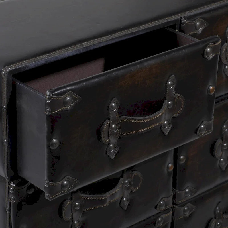 Coffre de rangement vintage en similicuir avec rivets et sangles - Noir
